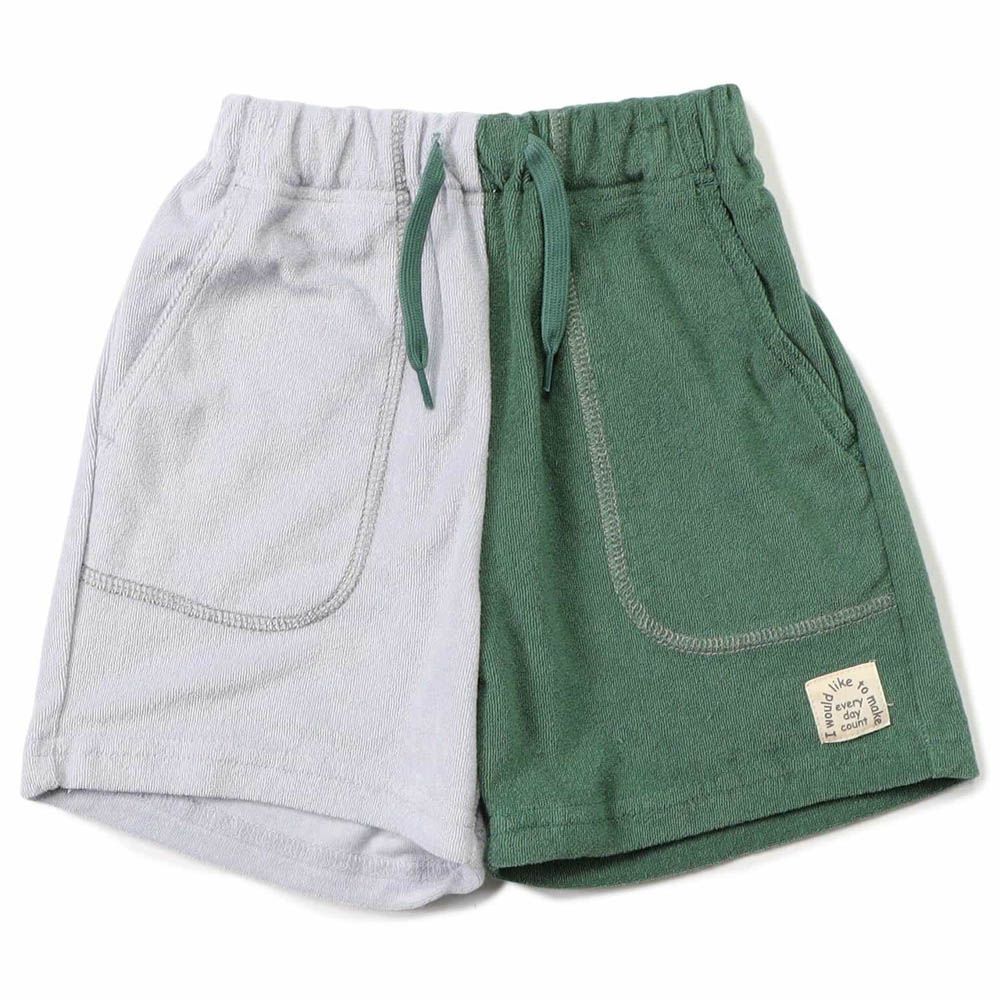 柔軟毛巾感鬆緊短褲-撞色-灰藍x綠