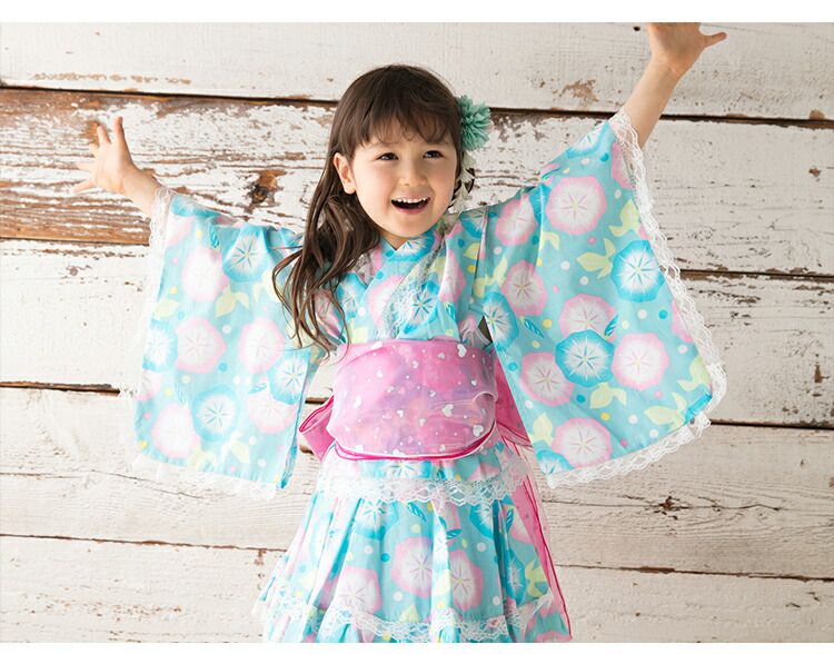 日本服飾代購 - 100%棉 改良式澎澎裙和風浴衣3件組-紫陽花-深藍