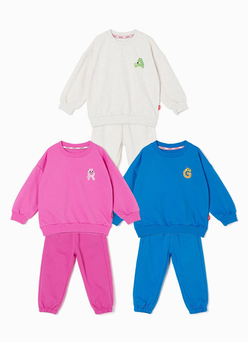 韓國 OZKIZ - 動物刺繡休閒長袖縮口套裝-鱷魚-淺灰