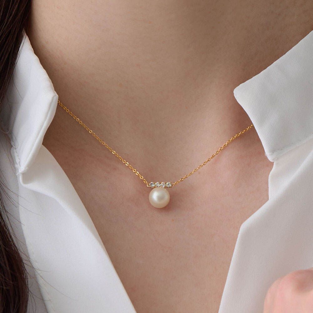 優雅單顆珍珠橫式水鑽項鍊-金