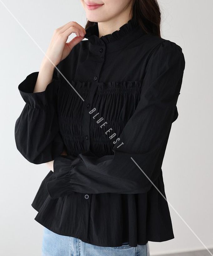 日本 BLUE EAST - 小立領荷葉皺摺束腰長袖襯衫-黑