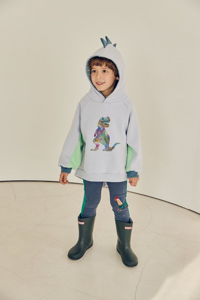 韓國 Mimico - 恐龍角造型連帽內刷毛長袖上衣-灰藍