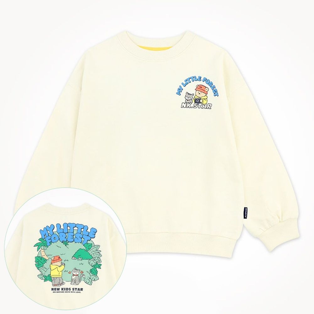 熊熊貓咪圖案長袖大學T-米黃