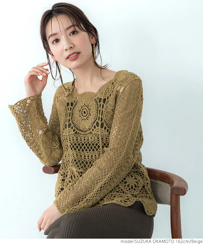 日本 COCA - 萬花筒雕花鉤針罩衫-淺杏