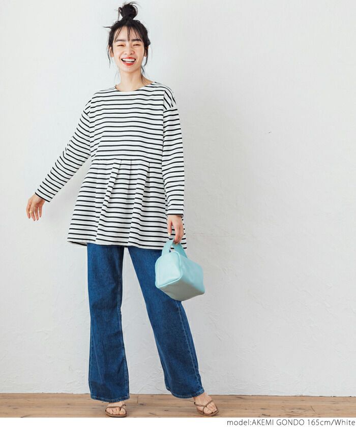 日本 COCA - 橫條紋縮腰傘狀長袖上衣-黑底白條