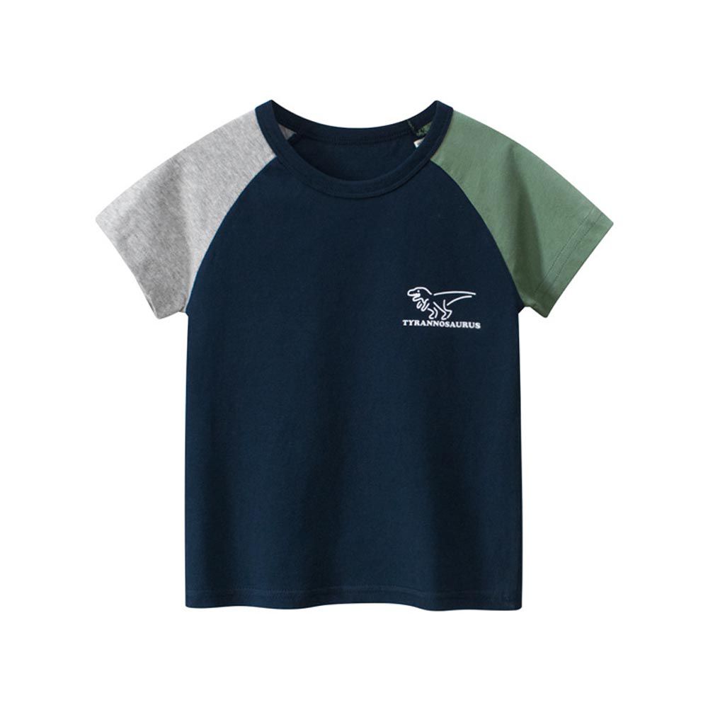 27KIDS - 純棉短袖上衣-拼色+小恐龍-灰+深藍+綠