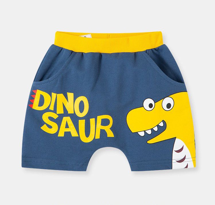BE TOP - 純棉休閒短褲-偷看恐龍-黃+藍