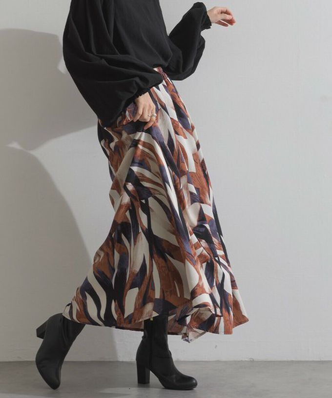 日本 Lupilien - 油畫線條感印花飄逸長裙(附口袋)-橘藍系