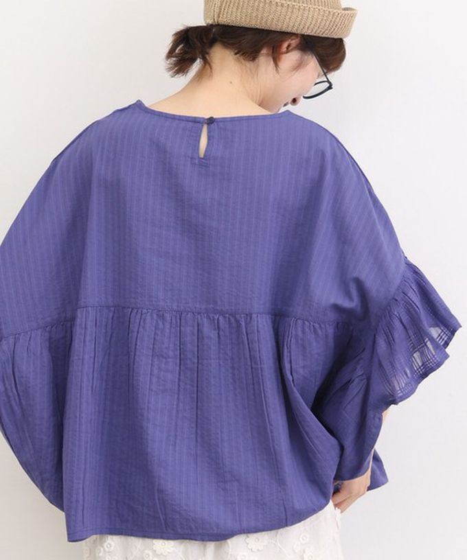 日本 Lupilien - 印度棉 緹花拼接感喇叭短袖上衣-黑