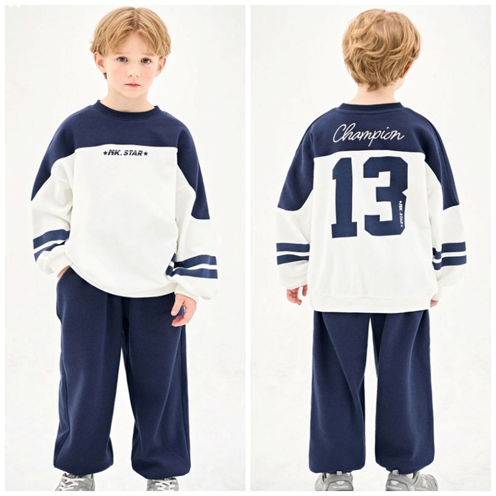 數字13休閒拼色內刷毛長袖套裝-白X海軍藍