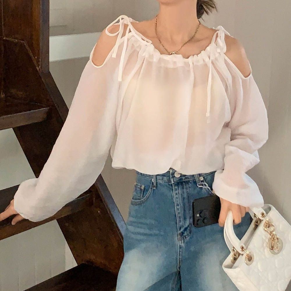 抽繩挖肩透膚雪紡襯衫-白 (FREE)