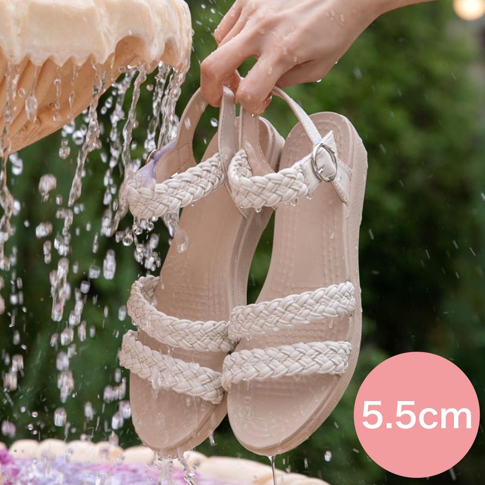 防水編織帶輕量楔型涼鞋(5.5cm)-象牙白