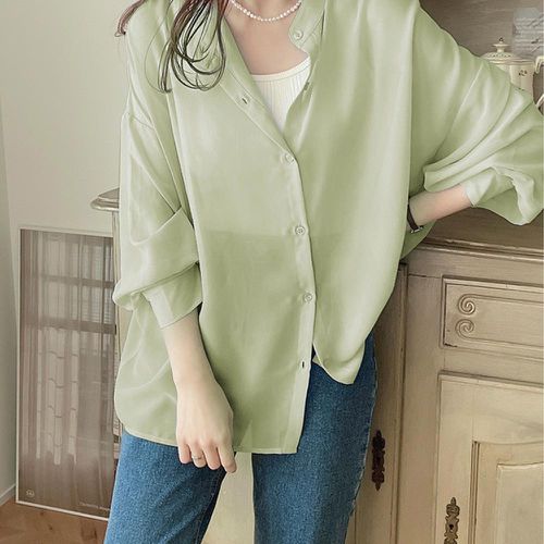 日本 GRL - 透膚感泡泡袖薄長袖襯衫-春芽綠 (F)