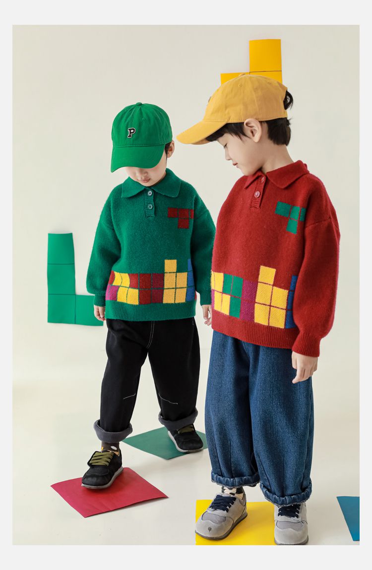 TONGMO - 復古Polo翻領針織長袖毛衣-俄羅斯方塊-黑色