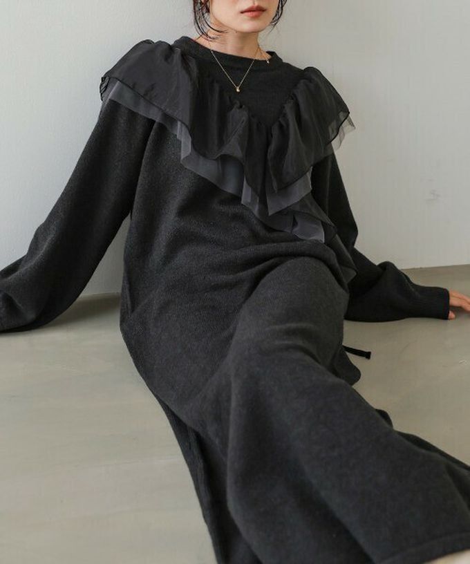 日本 Bab - 交叉薄紗荷葉柔美針織長袖洋裝-咖啡