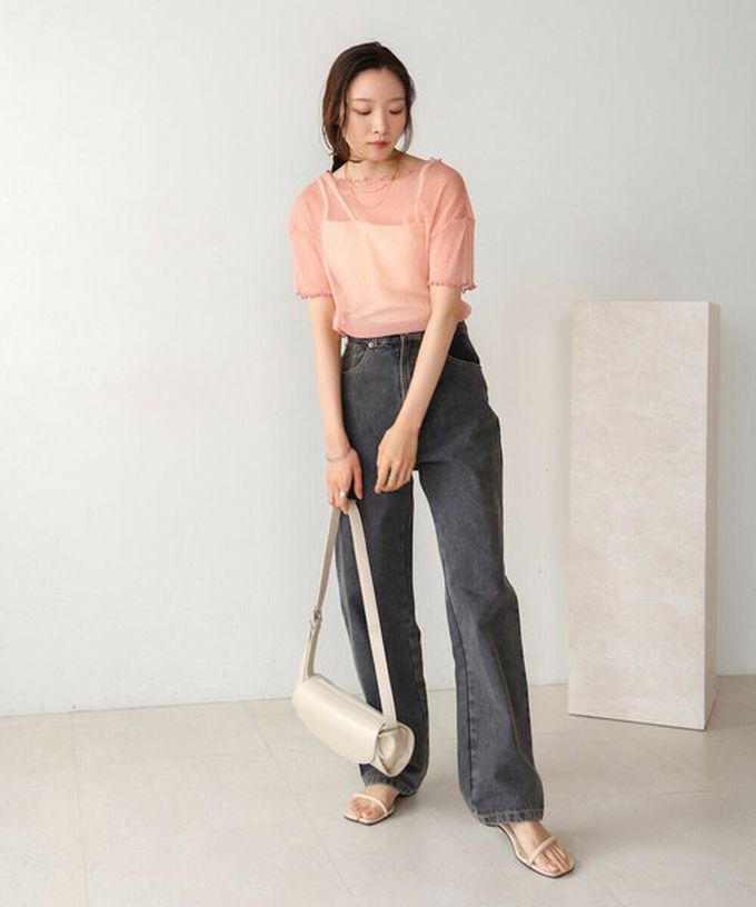 日本 Bab - 華麗微亮透明木耳短袖上衣-(無內裡)-粉紅