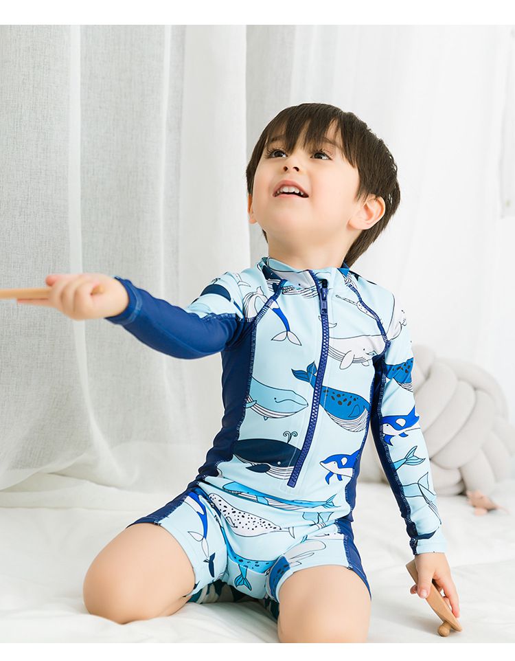 男寶長袖連身泳裝(附帽子)-鯨魚-深藍+淺藍