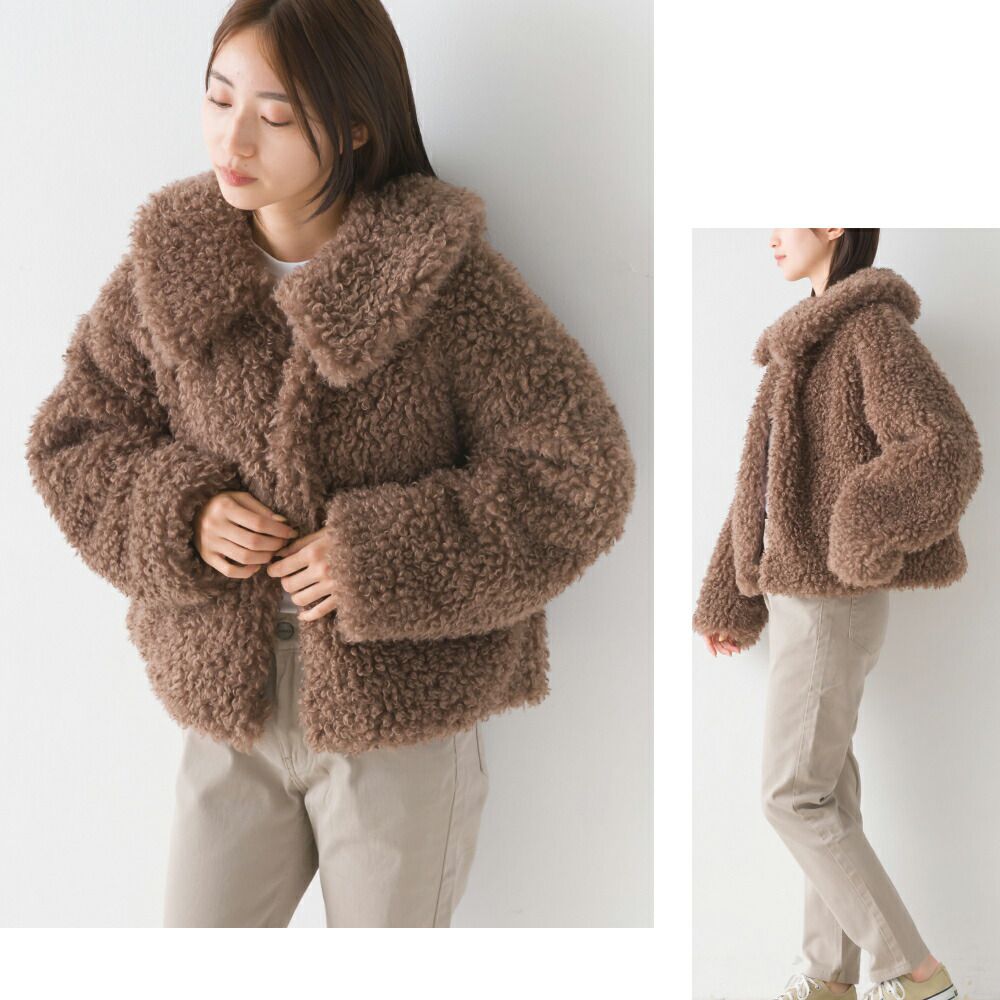 日本 OMNES - 可愛泰迪熊翻領毛絨外套-摩卡