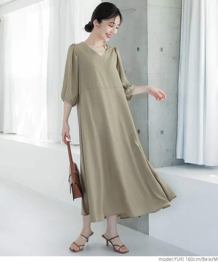 日本 COCA - 顯瘦V領收腰五分袖洋裝-米杏