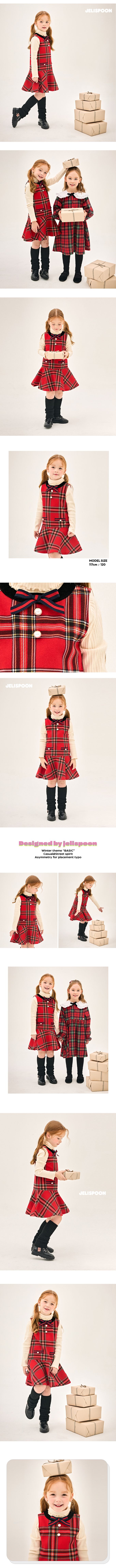 韓國 Jelispoon - 裝飾珍珠釦格紋背心內刷毛洋裝-紅