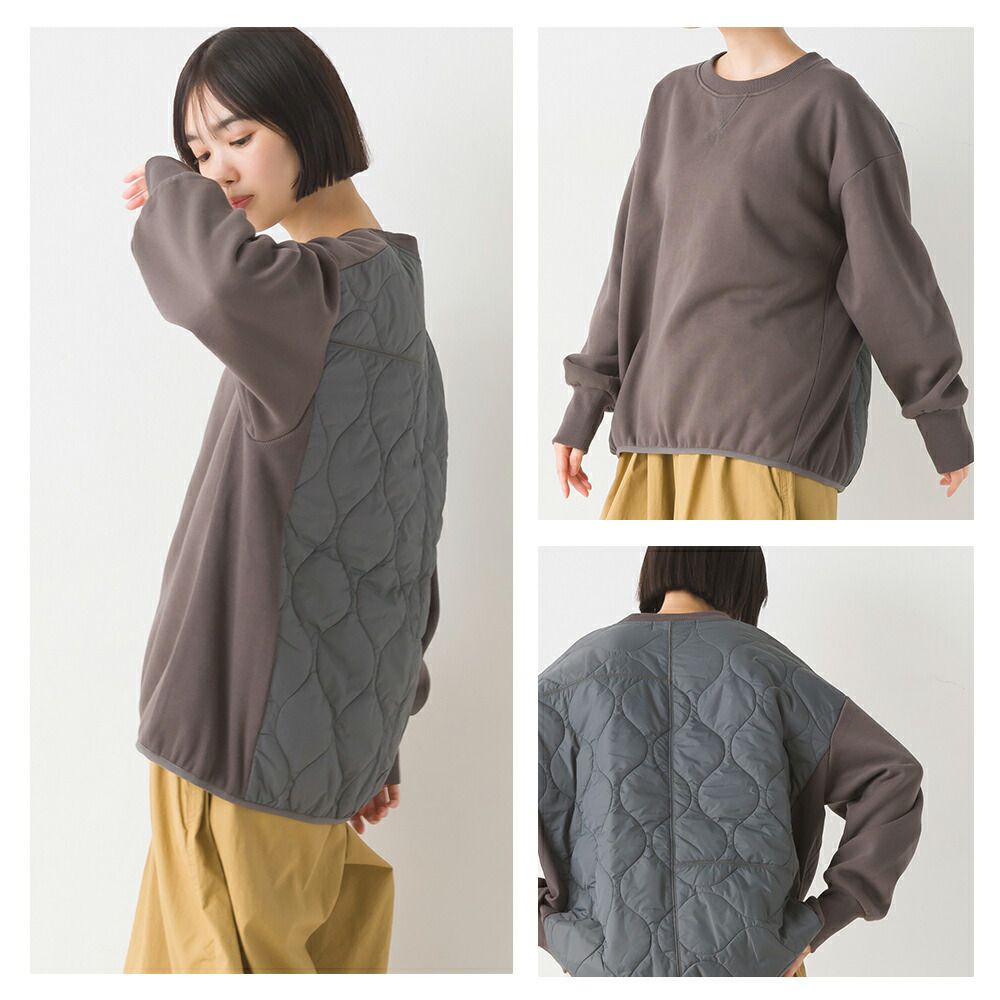 日本 OMNES - 絎縫拼接落肩長袖上衣-石墨灰