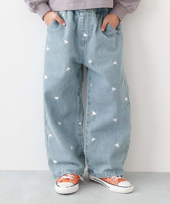 日本 devirock - 甜美亮麗刺繡刷色丹寧寬褲-愛心-淺藍