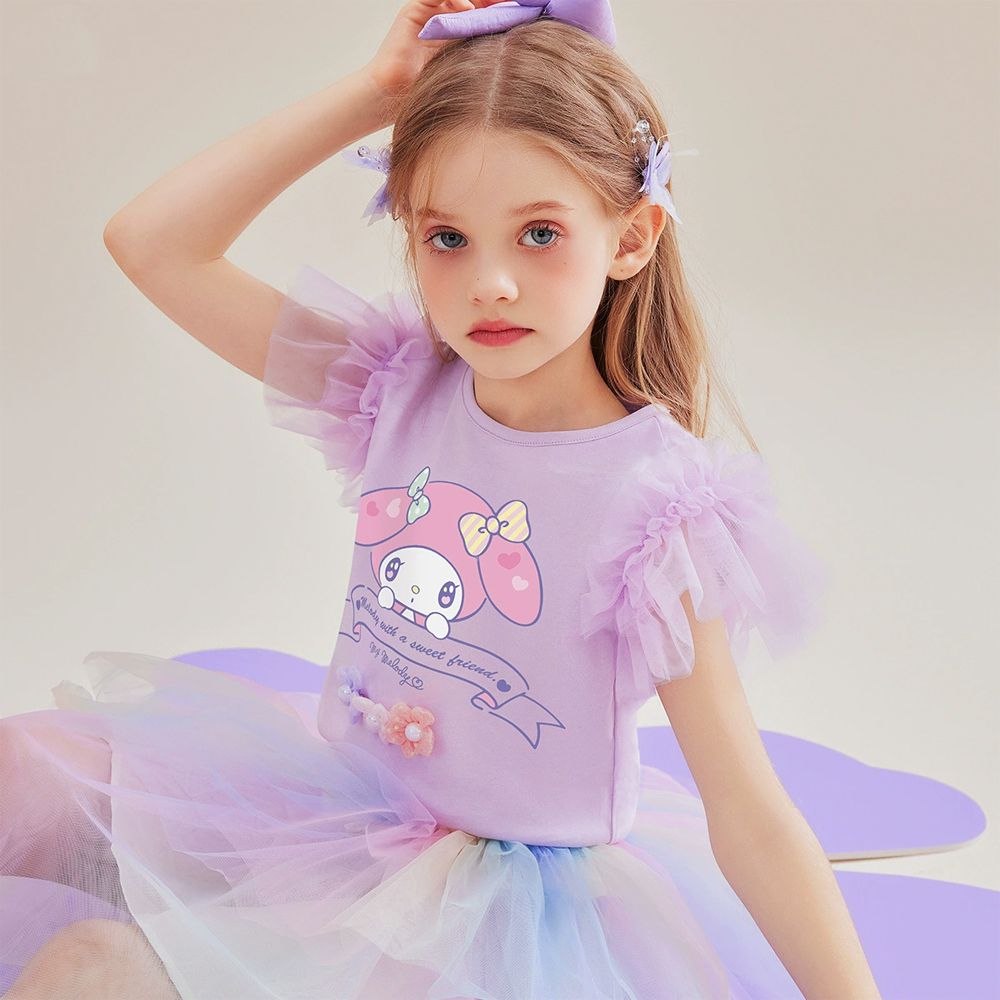 夢幻立體小花網紗飛袖上衣-卡通人物美樂蒂-紫色