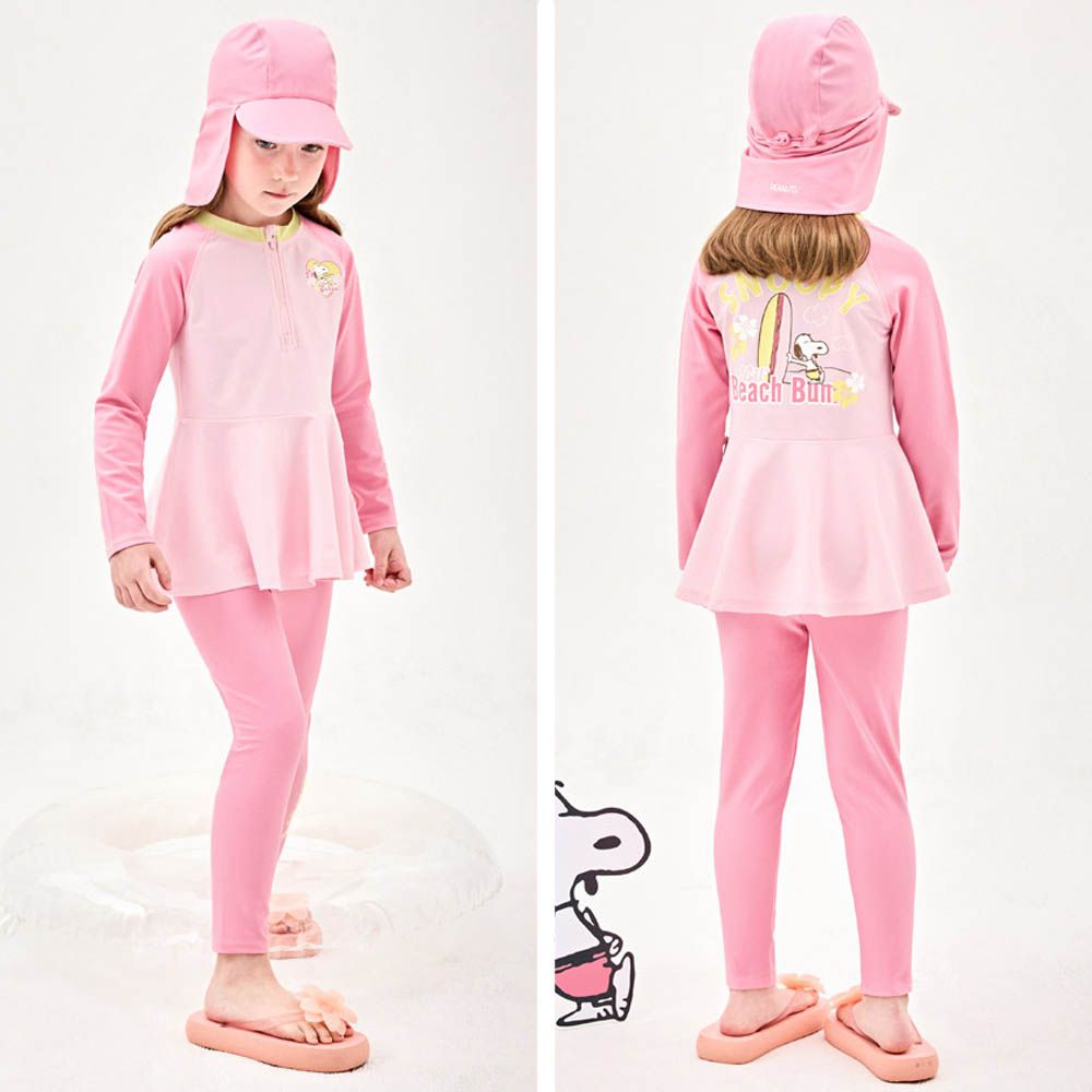 UPF 50+二件式長袖泳裝(附遮脖泳帽)-卡通人物史努比-粉