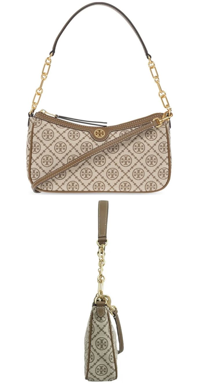 TORY BURCH - TORY BURCH 滿版logo提花織布單肩包 (卡其)