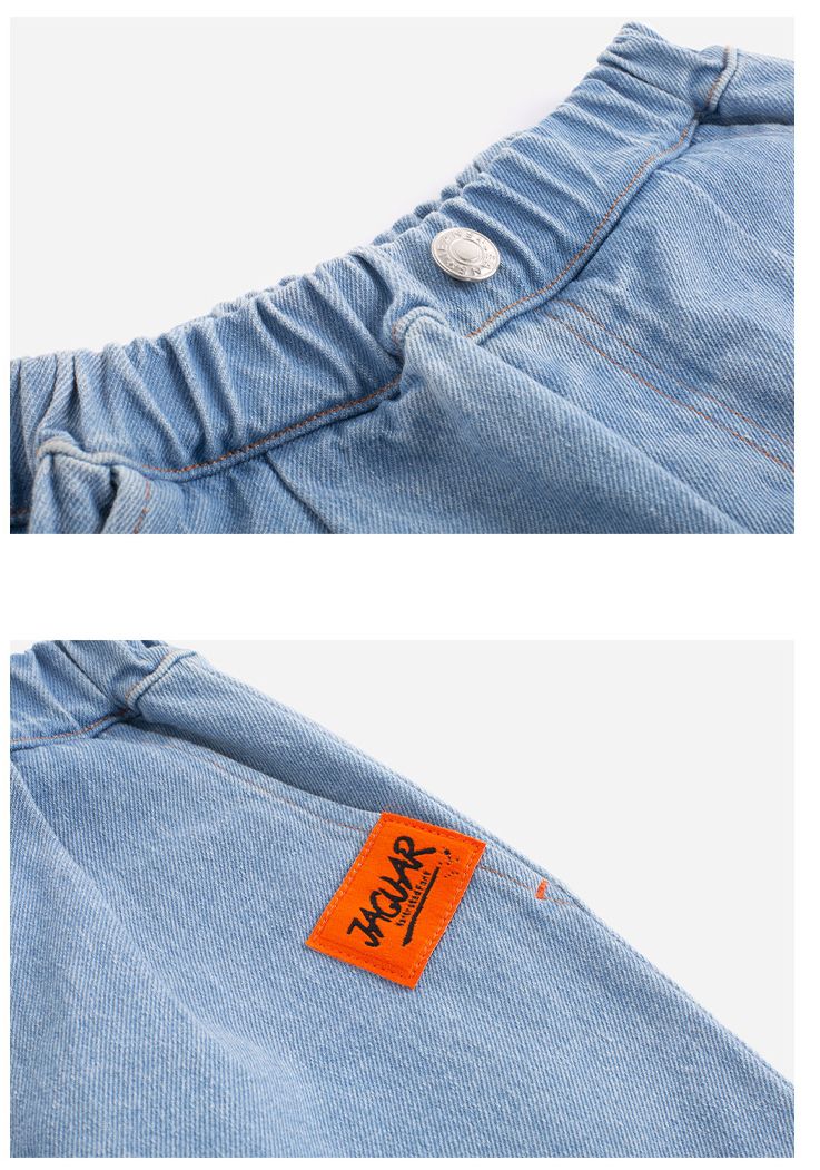 腰鬆緊牛仔七分寬褲-裝飾小標籤-淺藍色