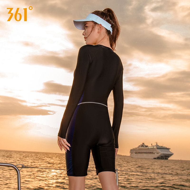 361° - 運動風拼色短袖連身五分褲泳衣-深藍+橘