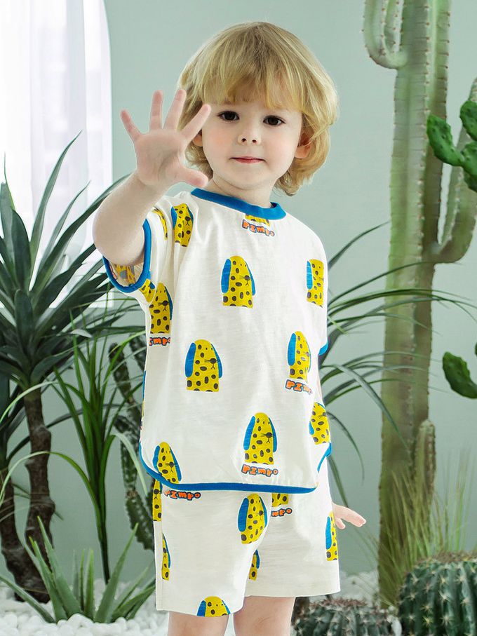 韓國 Pimpollo - 長耳斑點狗狗印短袖套裝-藍X磚紅