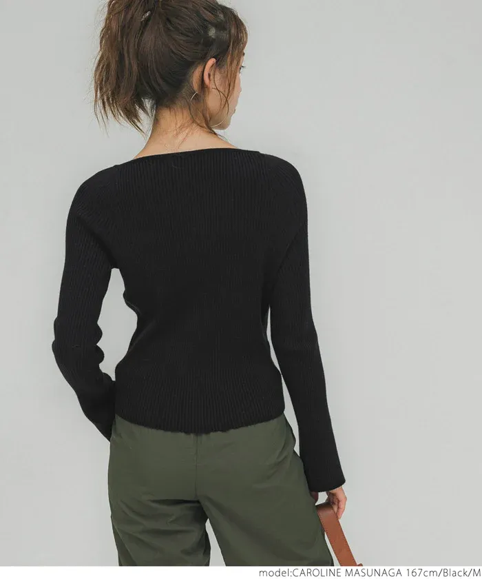 日本 COCA - 不規則領羅紋彈性上衣-黑