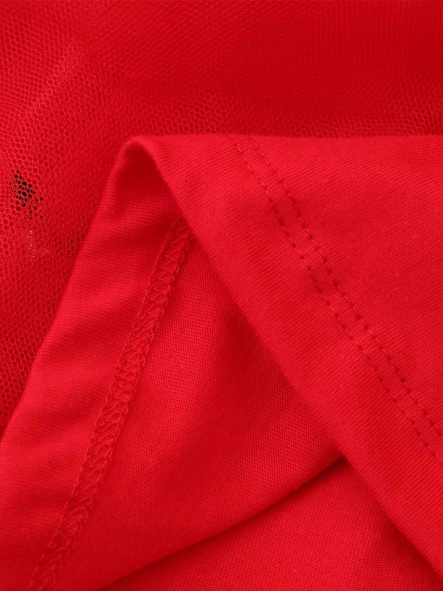 Jumping meters - 棉質圓領長袖連身網紗洋裝-花花與鳥-紅色