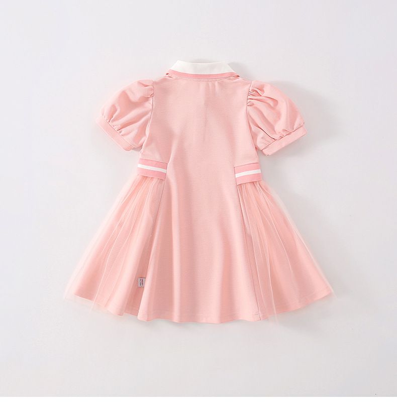 卡通SNOOPY翻領收腰網紗短袖連身裙-Belle愛心-藍色