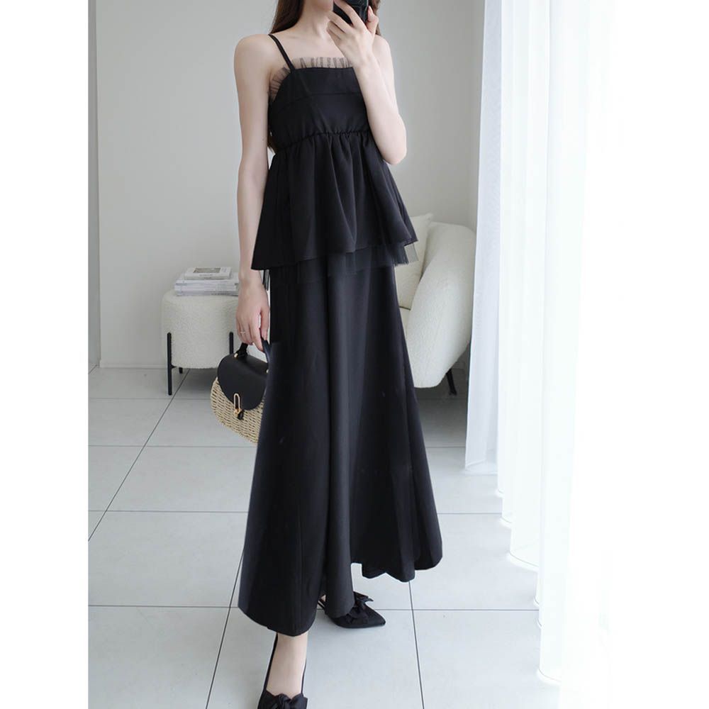 酷甜薄紗腰線修身背心洋裝-黑 (F)