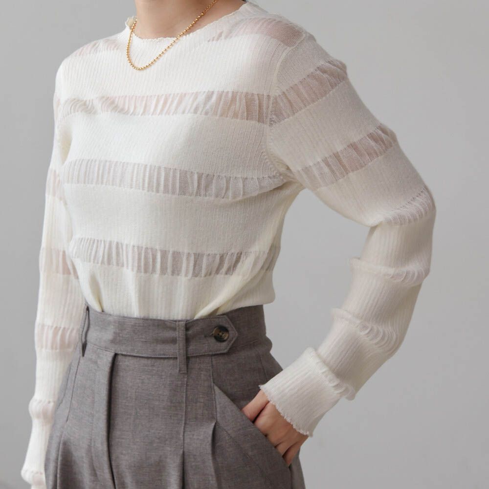 魅力條紋透膚針織長袖上衣-米白