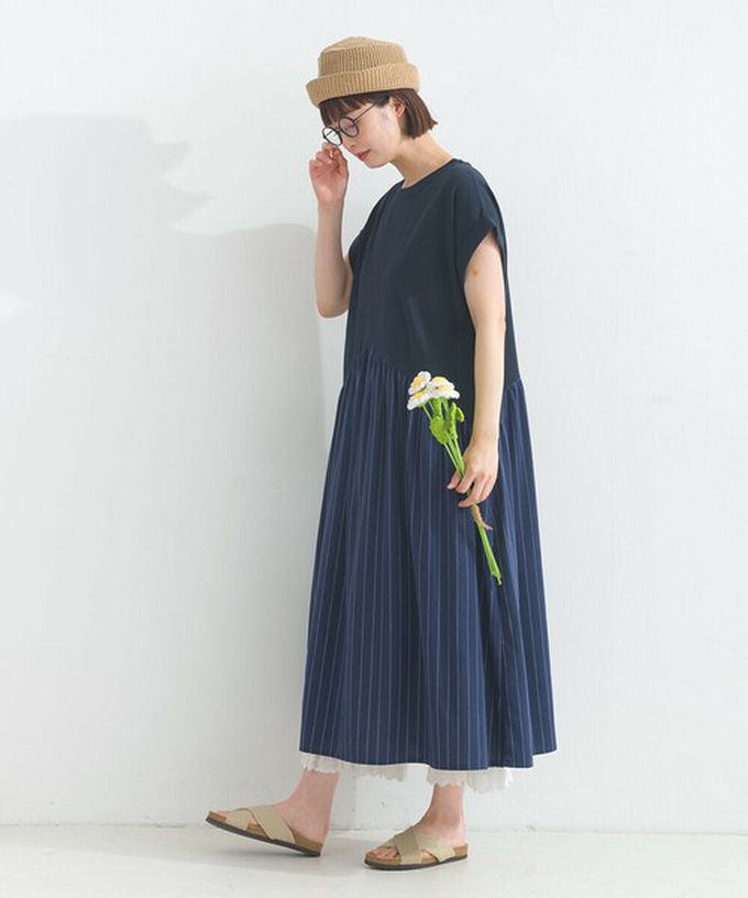 日本 Lupilien - [人氣款]亞麻混紡條紋拼接短袖洋裝-芥末黃