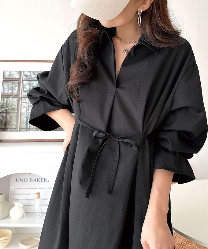 日本 Classical Elf - 糖果袖束腰修身立領長袖洋裝-黑