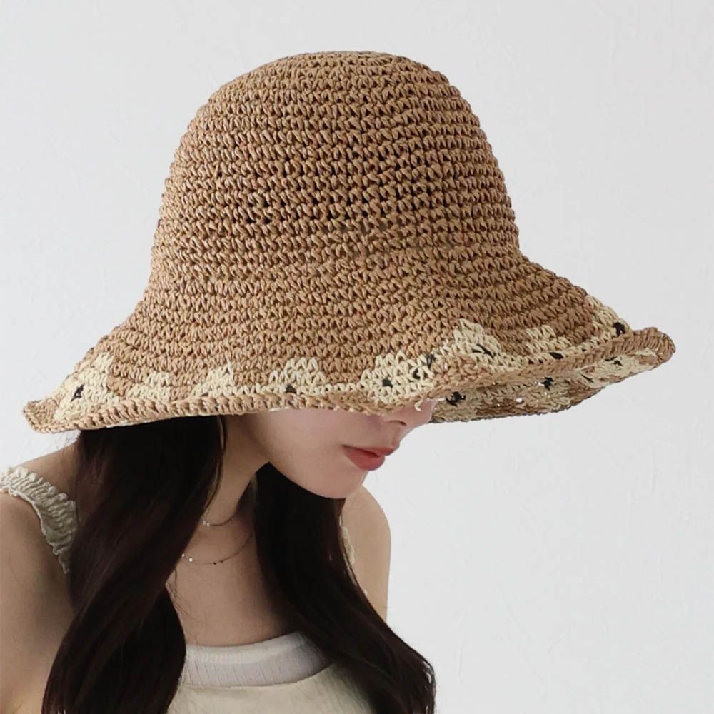 甜蜜花朵編織遮陽漁夫帽-棕