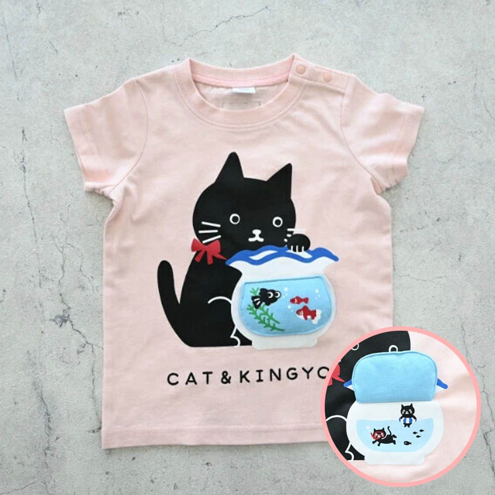 童趣翻翻短袖上衣-貓咪養魚-粉