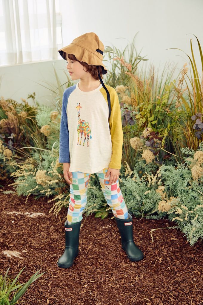 韓國 Mimico - 動物印撞色長袖上衣-多彩長頸鹿