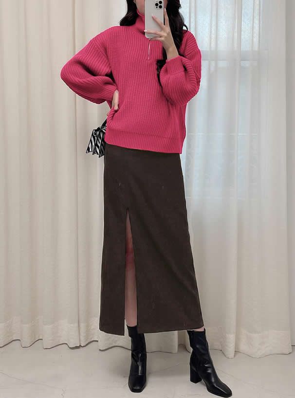 日本 GRL - 率性拉鍊領氣球袖針織上衣-深咖啡 (F)