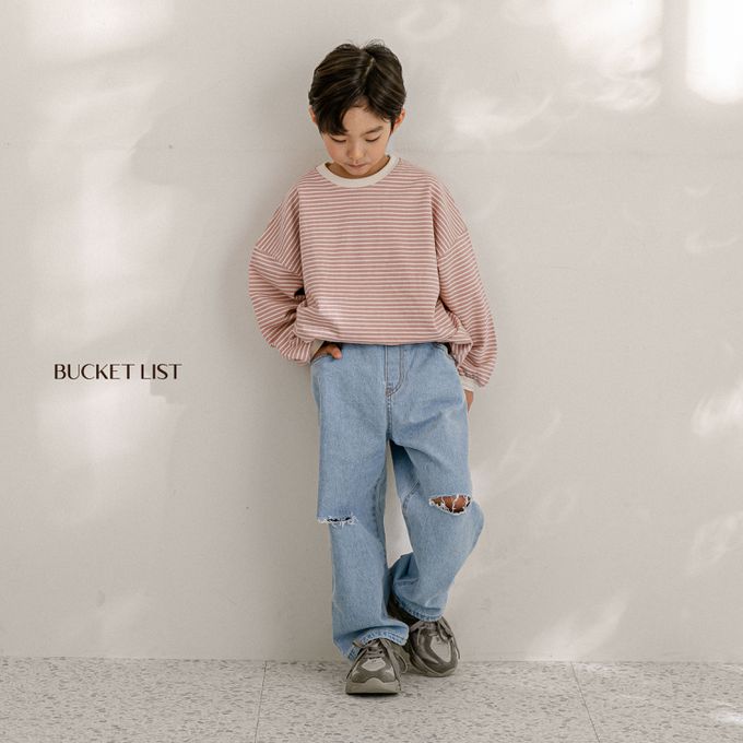 韓國 BUCKET LIST - 寬鬆橫紋大落肩長袖大學T-湖水綠