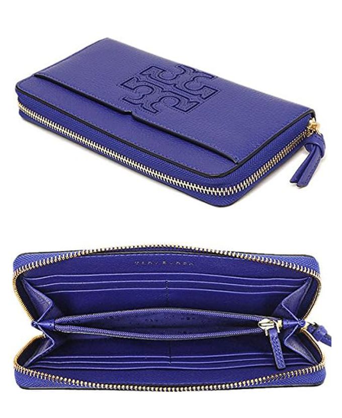 TORY BURCH - 雙T-LOGO皮革拉鍊長夾 (深藍)
