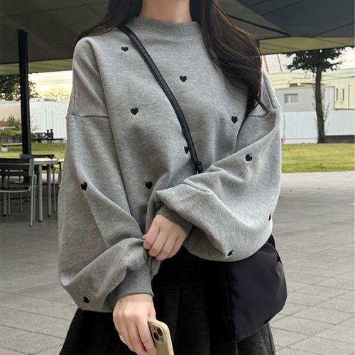 日本 GRL - 愛心刺繡裏毛休閒長袖上衣-灰 (F)