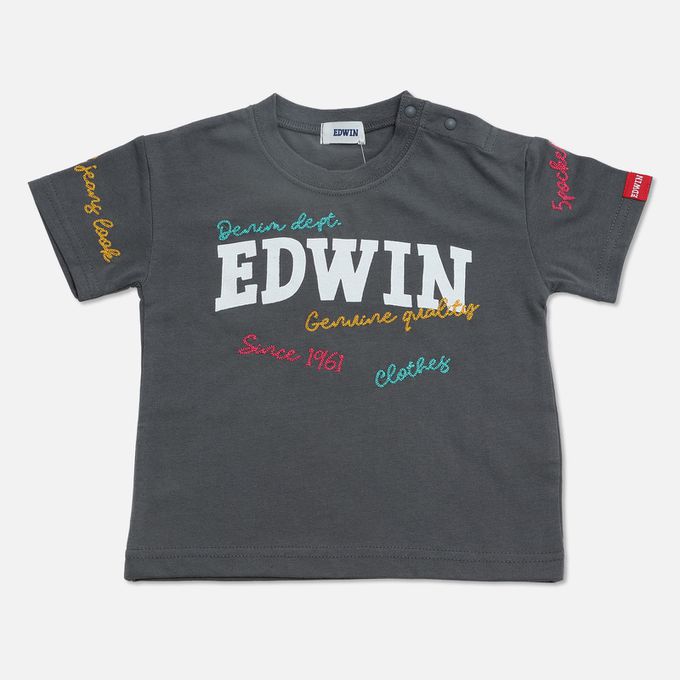 日本 Chil2 - EDWIN聯名 純棉短袖上衣-彩色標語-炭灰