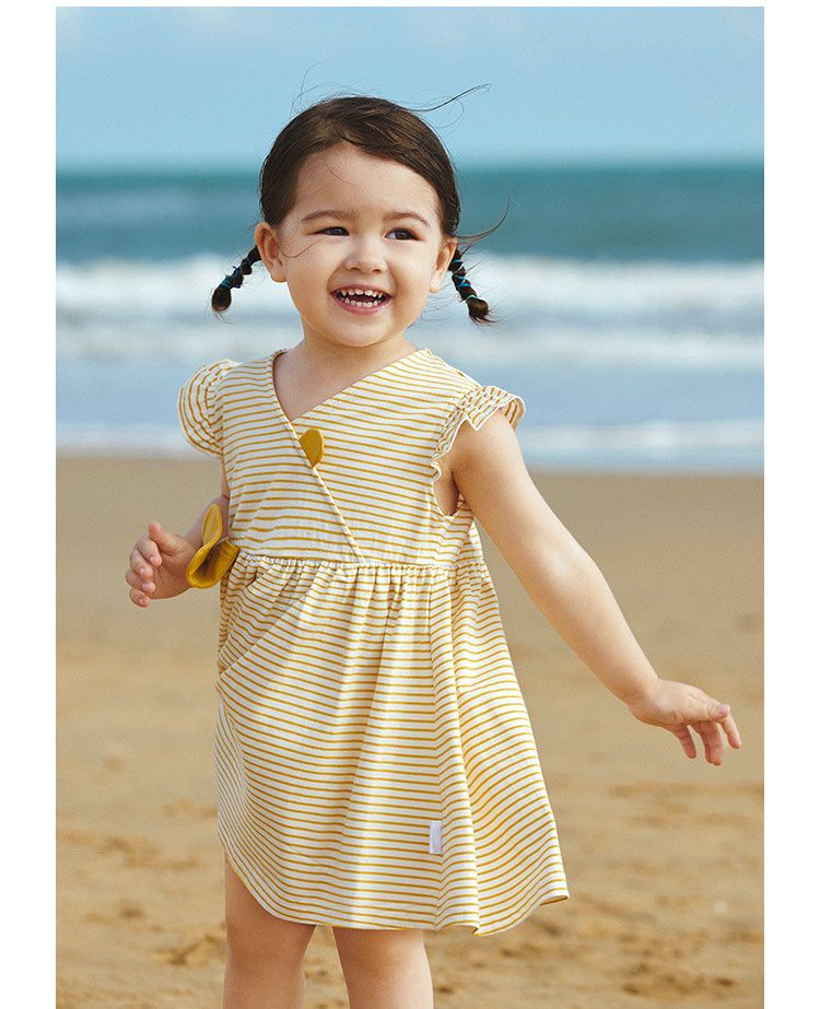 條紋荷葉袖連身洋裝-小口袋款-白+黃