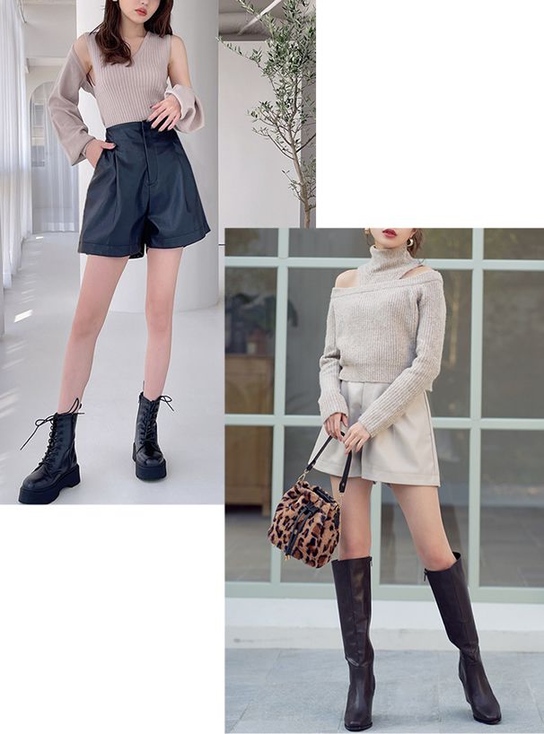 日本 GRL - 顯瘦時尚高腰皮革短褲-簡約黑