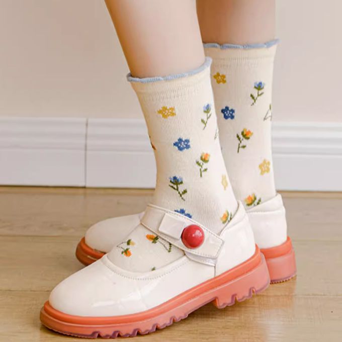 腳ㄚ子 - 幼/兒童棉質中筒襪 童襪 襪子 棉襪 兒童襪-黃色酢醬草